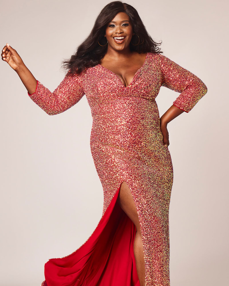 Front of a model wearing a size 16 Oscar Worthy Evening Dress in Firecracker Red by Sydney's Closet. | dia_product_style_image_id:285855